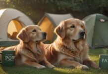 Hyperrealistic photograph: A content Golden Retriever rests peacefully beside a modern tent on a lush green campsite lawn during golden hour. Warm light illuminates detailed fur texture and dew drops on grass. A steaming mug sits nearby. Utterly photorealistic, cinematic lighting, artifact-free, anatomically correct dog. Absolutely NO text, letters, or signs.