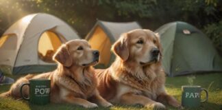 Hyperrealistic photograph: A content Golden Retriever rests peacefully beside a modern tent on a lush green campsite lawn during golden hour. Warm light illuminates detailed fur texture and dew drops on grass. A steaming mug sits nearby. Utterly photorealistic, cinematic lighting, artifact-free, anatomically correct dog. Absolutely NO text, letters, or signs.