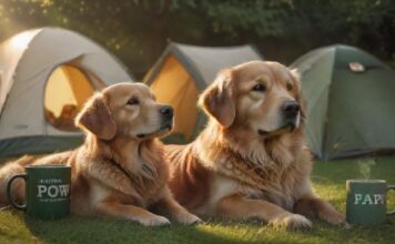 Hyperrealistic photograph: A content Golden Retriever rests peacefully beside a modern tent on a lush green campsite lawn during golden hour. Warm light illuminates detailed fur texture and dew drops on grass. A steaming mug sits nearby. Utterly photorealistic, cinematic lighting, artifact-free, anatomically correct dog. Absolutely NO text, letters, or signs.
