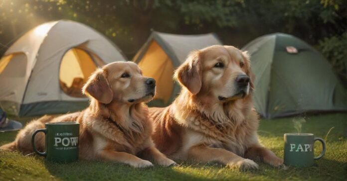 Hyperrealistic photograph: A content Golden Retriever rests peacefully beside a modern tent on a lush green campsite lawn during golden hour. Warm light illuminates detailed fur texture and dew drops on grass. A steaming mug sits nearby. Utterly photorealistic, cinematic lighting, artifact-free, anatomically correct dog. Absolutely NO text, letters, or signs.