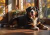 Luxus Ferienhaus Hund 2024: Sicher & Exklusiv Urlauben 🐾 A hyperrealistic, sun-dappled afternoon in a luxury chalet. A contented, healthy Bernese Mountain Dog rests peacefully on a rich, dark wood floor beside a large, panoramic window. Outside, a stunning, securely fenced private garden with autumn foliage. Focus on textures, warm light, peaceful atmosphere. No text, letters, or artifacts.
