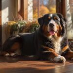 A hyperrealistic, sun-dappled afternoon in a luxury chalet. A contented, healthy Bernese Mountain Dog rests peacefully on a rich, dark wood floor beside a large, panoramic window. Outside, a stunning, securely fenced private garden with autumn foliage. Focus on textures, warm light, peaceful atmosphere. No text, letters, or artifacts.