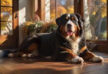 A hyperrealistic, sun-dappled afternoon in a luxury chalet. A contented, healthy Bernese Mountain Dog rests peacefully on a rich, dark wood floor beside a large, panoramic window. Outside, a stunning, securely fenced private garden with autumn foliage. Focus on textures, warm light, peaceful atmosphere. No text, letters, or artifacts.