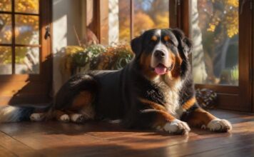 Luxus Ferienhaus Hund 2024: Sicher & Exklusiv Urlauben 🐾 A hyperrealistic, sun-dappled afternoon in a luxury chalet. A contented, healthy Bernese Mountain Dog rests peacefully on a rich, dark wood floor beside a large, panoramic window. Outside, a stunning, securely fenced private garden with autumn foliage. Focus on textures, warm light, peaceful atmosphere. No text, letters, or artifacts.