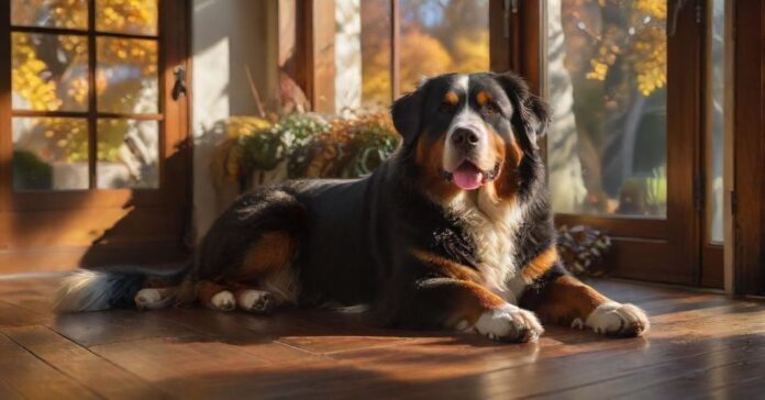 A hyperrealistic, sun-dappled afternoon in a luxury chalet. A contented, healthy Bernese Mountain Dog rests peacefully on a rich, dark wood floor beside a large, panoramic window. Outside, a stunning, securely fenced private garden with autumn foliage. Focus on textures, warm light, peaceful atmosphere. No text, letters, or artifacts.