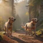 Hyperrealistic, photorealistic masterpiece: An agile, medium-sized dog (e.g. happy Labrador), anatomically correct, leashed, joyfully hiking with its owner through a sun-dappled forest trail in Saxon Switzerland. Majestic, textured sandstone cliffs tower above, misty valleys below. Golden hour light, cinematic depth of field. Utterly no text, no letters, artifact-free.
