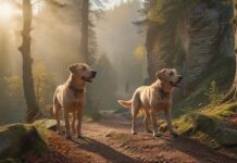 Hyperrealistic, photorealistic masterpiece: An agile, medium-sized dog (e.g. happy Labrador), anatomically correct, leashed, joyfully hiking with its owner through a sun-dappled forest trail in Saxon Switzerland. Majestic, textured sandstone cliffs tower above, misty valleys below. Golden hour light, cinematic depth of field. Utterly no text, no letters, artifact-free.