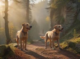 Hyperrealistic, photorealistic masterpiece: An agile, medium-sized dog (e.g. happy Labrador), anatomically correct, leashed, joyfully hiking with its owner through a sun-dappled forest trail in Saxon Switzerland. Majestic, textured sandstone cliffs tower above, misty valleys below. Golden hour light, cinematic depth of field. Utterly no text, no letters, artifact-free.