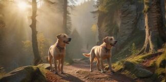 Hyperrealistic, photorealistic masterpiece: An agile, medium-sized dog (e.g. happy Labrador), anatomically correct, leashed, joyfully hiking with its owner through a sun-dappled forest trail in Saxon Switzerland. Majestic, textured sandstone cliffs tower above, misty valleys below. Golden hour light, cinematic depth of field. Utterly no text, no letters, artifact-free.