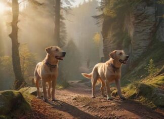 Hyperrealistic, photorealistic masterpiece: An agile, medium-sized dog (e.g. happy Labrador), anatomically correct, leashed, joyfully hiking with its owner through a sun-dappled forest trail in Saxon Switzerland. Majestic, textured sandstone cliffs tower above, misty valleys below. Golden hour light, cinematic depth of field. Utterly no text, no letters, artifact-free.