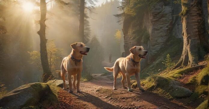 Hyperrealistic, photorealistic masterpiece: An agile, medium-sized dog (e.g. happy Labrador), anatomically correct, leashed, joyfully hiking with its owner through a sun-dappled forest trail in Saxon Switzerland. Majestic, textured sandstone cliffs tower above, misty valleys below. Golden hour light, cinematic depth of field. Utterly no text, no letters, artifact-free.