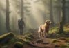Hyperrealistic photograph capturing a hiker and their leashed Golden Retriever exploring a misty Harz mountain forest trail. Sunbeams pierce the dense canopy, illuminating mossy rocks and towering pines. Detailed textures, soft atmospheric lighting, shallow depth of field. Utterly photorealistic, anatomically perfect, artifact-free. No text or writing whatsoever.