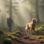 Hyperrealistic photograph capturing a hiker and their leashed Golden Retriever exploring a misty Harz mountain forest trail. Sunbeams pierce the dense canopy, illuminating mossy rocks and towering pines. Detailed textures, soft atmospheric lighting, shallow depth of field. Utterly photorealistic, anatomically perfect, artifact-free. No text or writing whatsoever.
