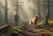 Hyperrealistic photograph capturing a hiker and their leashed Golden Retriever exploring a misty Harz mountain forest trail. Sunbeams pierce the dense canopy, illuminating mossy rocks and towering pines. Detailed textures, soft atmospheric lighting, shallow depth of field. Utterly photorealistic, anatomically perfect, artifact-free. No text or writing whatsoever.
