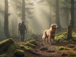 Hyperrealistic photograph capturing a hiker and their leashed Golden Retriever exploring a misty Harz mountain forest trail. Sunbeams pierce the dense canopy, illuminating mossy rocks and towering pines. Detailed textures, soft atmospheric lighting, shallow depth of field. Utterly photorealistic, anatomically perfect, artifact-free. No text or writing whatsoever.