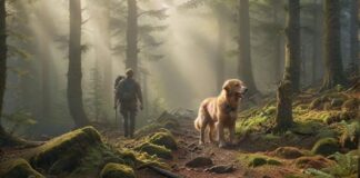 Hyperrealistic photograph capturing a hiker and their leashed Golden Retriever exploring a misty Harz mountain forest trail. Sunbeams pierce the dense canopy, illuminating mossy rocks and towering pines. Detailed textures, soft atmospheric lighting, shallow depth of field. Utterly photorealistic, anatomically perfect, artifact-free. No text or writing whatsoever.