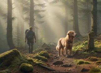 Harz mit Hund 2024: 🐾 Die besten Routen & Insider-Tipps! Hyperrealistic photograph capturing a hiker and their leashed Golden Retriever exploring a misty Harz mountain forest trail. Sunbeams pierce the dense canopy, illuminating mossy rocks and towering pines. Detailed textures, soft atmospheric lighting, shallow depth of field. Utterly photorealistic, anatomically perfect, artifact-free. No text or writing whatsoever.