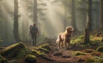 Hyperrealistic photograph capturing a hiker and their leashed Golden Retriever exploring a misty Harz mountain forest trail. Sunbeams pierce the dense canopy, illuminating mossy rocks and towering pines. Detailed textures, soft atmospheric lighting, shallow depth of field. Utterly photorealistic, anatomically perfect, artifact-free. No text or writing whatsoever.