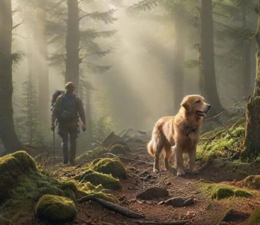 Hyperrealistic photograph capturing a hiker and their leashed Golden Retriever exploring a misty Harz mountain forest trail. Sunbeams pierce the dense canopy, illuminating mossy rocks and towering pines. Detailed textures, soft atmospheric lighting, shallow depth of field. Utterly photorealistic, anatomically perfect, artifact-free. No text or writing whatsoever.