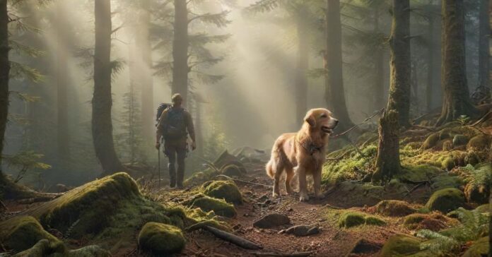 Hyperrealistic photograph capturing a hiker and their leashed Golden Retriever exploring a misty Harz mountain forest trail. Sunbeams pierce the dense canopy, illuminating mossy rocks and towering pines. Detailed textures, soft atmospheric lighting, shallow depth of field. Utterly photorealistic, anatomically perfect, artifact-free. No text or writing whatsoever.