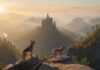 Sächs. Schweiz mit Hund 🐾 Dein Guide 2024 » Top Tipps & Routen Hyperrealistic, photorealistic masterpiece. A hiker with their attentive, leashed medium-sized athletic dog on a dramatic rocky viewpoint in Saxon Switzerland. Majestic Elbe Sandstone spires tower over mist-filled valleys and lush forests below. Golden morning sunlight, intricate rock textures. Absolutely no text, no letters, no signs, ensuring a clean visual.