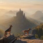 Hyperrealistic, photorealistic masterpiece. A hiker with their attentive, leashed medium-sized athletic dog on a dramatic rocky viewpoint in Saxon Switzerland. Majestic Elbe Sandstone spires tower over mist-filled valleys and lush forests below. Golden morning sunlight, intricate rock textures. Absolutely no text, no letters, no signs, ensuring a clean visual.