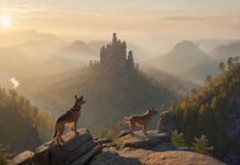 Hyperrealistic, photorealistic masterpiece. A hiker with their attentive, leashed medium-sized athletic dog on a dramatic rocky viewpoint in Saxon Switzerland. Majestic Elbe Sandstone spires tower over mist-filled valleys and lush forests below. Golden morning sunlight, intricate rock textures. Absolutely no text, no letters, no signs, ensuring a clean visual.