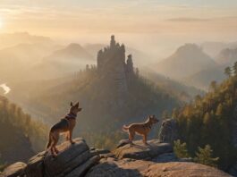Hyperrealistic, photorealistic masterpiece. A hiker with their attentive, leashed medium-sized athletic dog on a dramatic rocky viewpoint in Saxon Switzerland. Majestic Elbe Sandstone spires tower over mist-filled valleys and lush forests below. Golden morning sunlight, intricate rock textures. Absolutely no text, no letters, no signs, ensuring a clean visual.