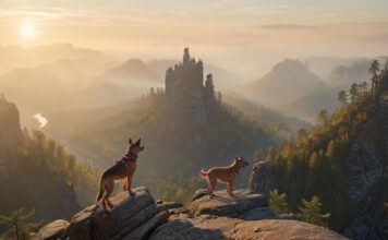 Sächs. Schweiz mit Hund 🐾 Dein Guide 2024 » Top Tipps & Routen Hyperrealistic, photorealistic masterpiece. A hiker with their attentive, leashed medium-sized athletic dog on a dramatic rocky viewpoint in Saxon Switzerland. Majestic Elbe Sandstone spires tower over mist-filled valleys and lush forests below. Golden morning sunlight, intricate rock textures. Absolutely no text, no letters, no signs, ensuring a clean visual.
