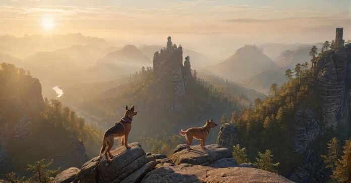 Hyperrealistic, photorealistic masterpiece. A hiker with their attentive, leashed medium-sized athletic dog on a dramatic rocky viewpoint in Saxon Switzerland. Majestic Elbe Sandstone spires tower over mist-filled valleys and lush forests below. Golden morning sunlight, intricate rock textures. Absolutely no text, no letters, no signs, ensuring a clean visual.
