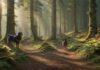 Wandern mit Hund im Schwarzwald: Entdecken Sie die schönsten Wanderwege! Hyperrealistic photograph: A fit hiker pauses on a winding dirt path deep within the dense Black Forest, Germany. Beside them, a healthy, alert dog (like a Bernese Mountain Dog mix) looks ahead. Dappled golden sunlight filters through towering fir trees, illuminating moss and ferns. Extremely detailed textures, natural composition. Absolutely no text, letters, or artifacts. Anatomically perfect.
