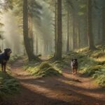 Hyperrealistic photograph: A fit hiker pauses on a winding dirt path deep within the dense Black Forest, Germany. Beside them, a healthy, alert dog (like a Bernese Mountain Dog mix) looks ahead. Dappled golden sunlight filters through towering fir trees, illuminating moss and ferns. Extremely detailed textures, natural composition. Absolutely no text, letters, or artifacts. Anatomically perfect.