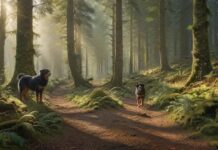 Hyperrealistic photograph: A fit hiker pauses on a winding dirt path deep within the dense Black Forest, Germany. Beside them, a healthy, alert dog (like a Bernese Mountain Dog mix) looks ahead. Dappled golden sunlight filters through towering fir trees, illuminating moss and ferns. Extremely detailed textures, natural composition. Absolutely no text, letters, or artifacts. Anatomically perfect.