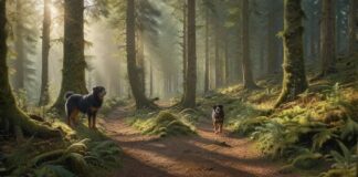 Hyperrealistic photograph: A fit hiker pauses on a winding dirt path deep within the dense Black Forest, Germany. Beside them, a healthy, alert dog (like a Bernese Mountain Dog mix) looks ahead. Dappled golden sunlight filters through towering fir trees, illuminating moss and ferns. Extremely detailed textures, natural composition. Absolutely no text, letters, or artifacts. Anatomically perfect.