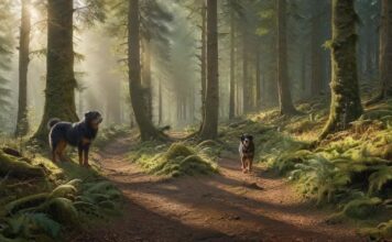 Wandern mit Hund im Schwarzwald: Entdecken Sie die schönsten Wanderwege! Hyperrealistic photograph: A fit hiker pauses on a winding dirt path deep within the dense Black Forest, Germany. Beside them, a healthy, alert dog (like a Bernese Mountain Dog mix) looks ahead. Dappled golden sunlight filters through towering fir trees, illuminating moss and ferns. Extremely detailed textures, natural composition. Absolutely no text, letters, or artifacts. Anatomically perfect.