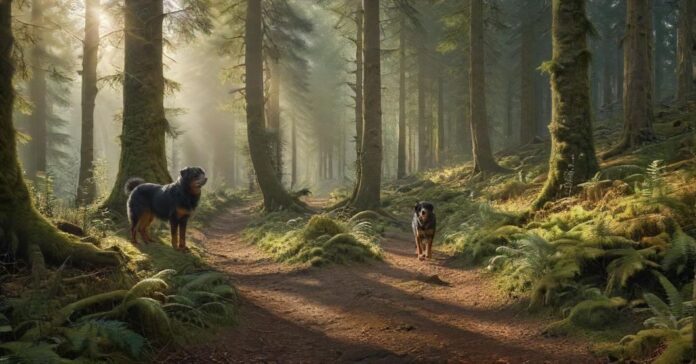 Hyperrealistic photograph: A fit hiker pauses on a winding dirt path deep within the dense Black Forest, Germany. Beside them, a healthy, alert dog (like a Bernese Mountain Dog mix) looks ahead. Dappled golden sunlight filters through towering fir trees, illuminating moss and ferns. Extremely detailed textures, natural composition. Absolutely no text, letters, or artifacts. Anatomically perfect.