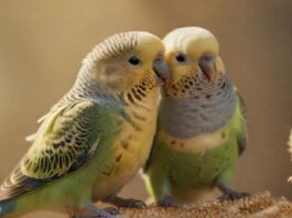Hyperrealistic, detailed close-up of a budgerigar perched on a millet spray, eating. The background is softly blurred with hints of a birdcage. Golden hour lighting enhances the texture of the feathers, captured with a shallow depth of field. No text. artifact-free rendering. anatomically correct.