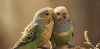 Hyperrealistic, detailed close-up of a budgerigar perched on a millet spray, eating. The background is softly blurred with hints of a birdcage. Golden hour lighting enhances the texture of the feathers, captured with a shallow depth of field. No text. artifact-free rendering. anatomically correct.