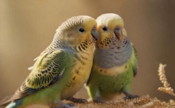 Wellensittich hat Durchfall? Diese Schonkost hilft jetzt! Hyperrealistic, detailed close-up of a budgerigar perched on a millet spray, eating. The background is softly blurred with hints of a birdcage. Golden hour lighting enhances the texture of the feathers, captured with a shallow depth of field. No text. artifact-free rendering. anatomically correct.