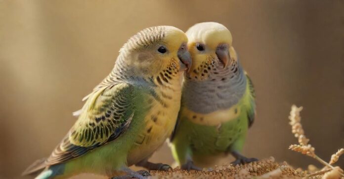 Hyperrealistic, detailed close-up of a budgerigar perched on a millet spray, eating. The background is softly blurred with hints of a birdcage. Golden hour lighting enhances the texture of the feathers, captured with a shallow depth of field. No text. artifact-free rendering. anatomically correct.