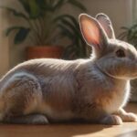 Hyperrealistic, a fluffy Dutch rabbit cautiously exploring a living room, surrounded by lush green houseplants. The room is brightly lit with sunlight streaming through a window, casting soft shadows. Focus is on the rabbit's curious expression. Ensure no text or letters are visible. Artifact-free rendering. Anatomically correct. No distortions.