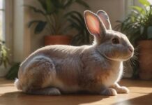Hyperrealistic, a fluffy Dutch rabbit cautiously exploring a living room, surrounded by lush green houseplants. The room is brightly lit with sunlight streaming through a window, casting soft shadows. Focus is on the rabbit's curious expression. Ensure no text or letters are visible. Artifact-free rendering. Anatomically correct. No distortions.