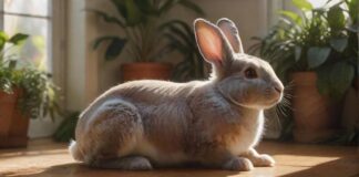 Hyperrealistic, a fluffy Dutch rabbit cautiously exploring a living room, surrounded by lush green houseplants. The room is brightly lit with sunlight streaming through a window, casting soft shadows. Focus is on the rabbit's curious expression. Ensure no text or letters are visible. Artifact-free rendering. Anatomically correct. No distortions.