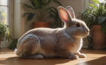 Hyperrealistic, a fluffy Dutch rabbit cautiously exploring a living room, surrounded by lush green houseplants. The room is brightly lit with sunlight streaming through a window, casting soft shadows. Focus is on the rabbit's curious expression. Ensure no text or letters are visible. Artifact-free rendering. Anatomically correct. No distortions.