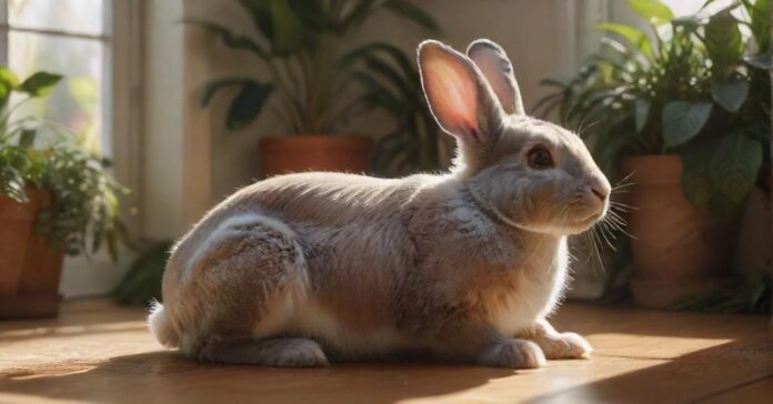 Hyperrealistic, a fluffy Dutch rabbit cautiously exploring a living room, surrounded by lush green houseplants. The room is brightly lit with sunlight streaming through a window, casting soft shadows. Focus is on the rabbit's curious expression. Ensure no text or letters are visible. Artifact-free rendering. Anatomically correct. No distortions.