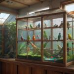 Hyperrealistic, spacious indoor bird aviary, filled with lush greenery, natural wooden perches, and colorful toys. Several vibrant parakeets flutter and play, bathed in soft, natural light streaming through a nearby window. The aviary is clean and well-maintained, creating a healthy and stimulating environment for the birds. No text. Artifact-free rendering. Anatomically correct and flawless details. Eye-catching composition. Dramatic lighting. Depth of field. Leading lines. Interesting perspectives.