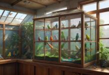 Hyperrealistic, spacious indoor bird aviary, filled with lush greenery, natural wooden perches, and colorful toys. Several vibrant parakeets flutter and play, bathed in soft, natural light streaming through a nearby window. The aviary is clean and well-maintained, creating a healthy and stimulating environment for the birds. No text. Artifact-free rendering. Anatomically correct and flawless details. Eye-catching composition. Dramatic lighting. Depth of field. Leading lines. Interesting perspectives.