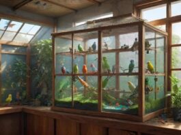 Hyperrealistic, spacious indoor bird aviary, filled with lush greenery, natural wooden perches, and colorful toys. Several vibrant parakeets flutter and play, bathed in soft, natural light streaming through a nearby window. The aviary is clean and well-maintained, creating a healthy and stimulating environment for the birds. No text. Artifact-free rendering. Anatomically correct and flawless details. Eye-catching composition. Dramatic lighting. Depth of field. Leading lines. Interesting perspectives.