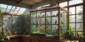 Hyperrealistic, spacious indoor bird aviary, filled with lush greenery, natural wooden perches, and colorful toys. Several vibrant parakeets flutter and play, bathed in soft, natural light streaming through a nearby window. The aviary is clean and well-maintained, creating a healthy and stimulating environment for the birds. No text. Artifact-free rendering. Anatomically correct and flawless details. Eye-catching composition. Dramatic lighting. Depth of field. Leading lines. Interesting perspectives.