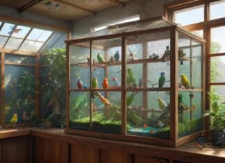 Hyperrealistic, spacious indoor bird aviary, filled with lush greenery, natural wooden perches, and colorful toys. Several vibrant parakeets flutter and play, bathed in soft, natural light streaming through a nearby window. The aviary is clean and well-maintained, creating a healthy and stimulating environment for the birds. No text. Artifact-free rendering. Anatomically correct and flawless details. Eye-catching composition. Dramatic lighting. Depth of field. Leading lines. Interesting perspectives.